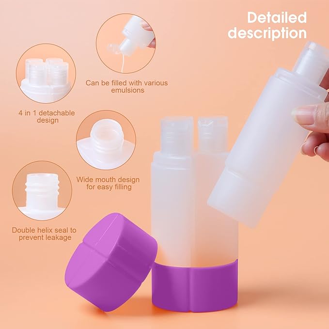 Olatay Travel Bottle, TSA approved 4-in-1 Leak-Proof Bottle, 4 * 60ml/2oz, with 2 Pre-printed Labels for Travel Gym Camping, Carry-On Travel Size Toiletries Shampoo Lotion Bottle for Women Men(Purple)