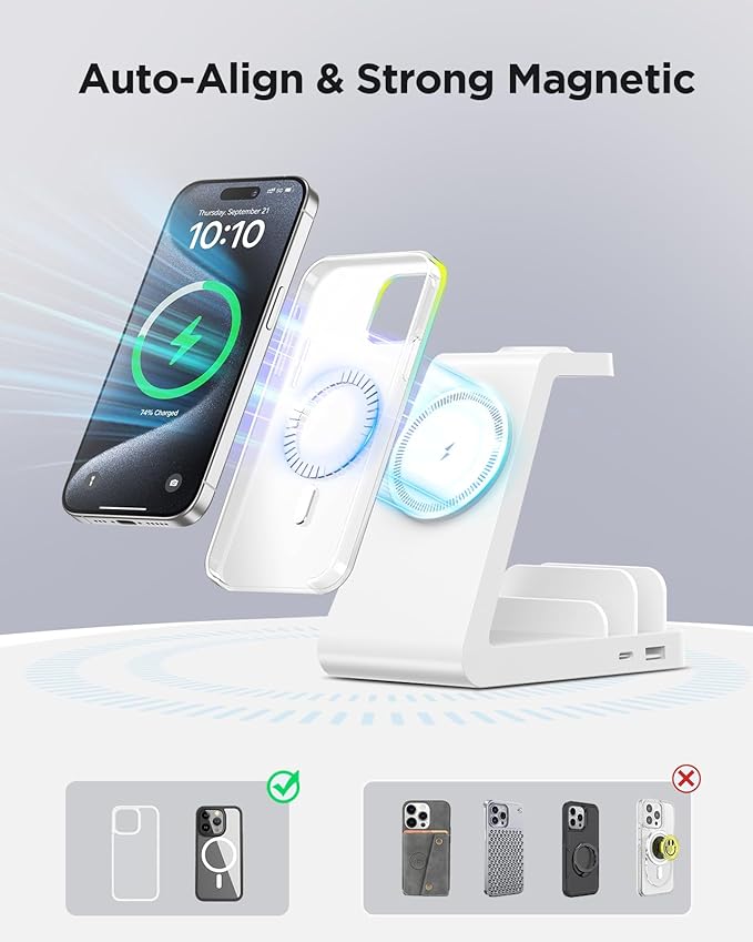 Charging Station for iPhone,5 in 1 Wireless Charger Stand Dock for Apple: Mag-Safe Charging Station for Multiple Devices Apple iPhone 17 16 15 14 13 12 Pro Max Plus Apple Watch iWatch Magnetic(White)