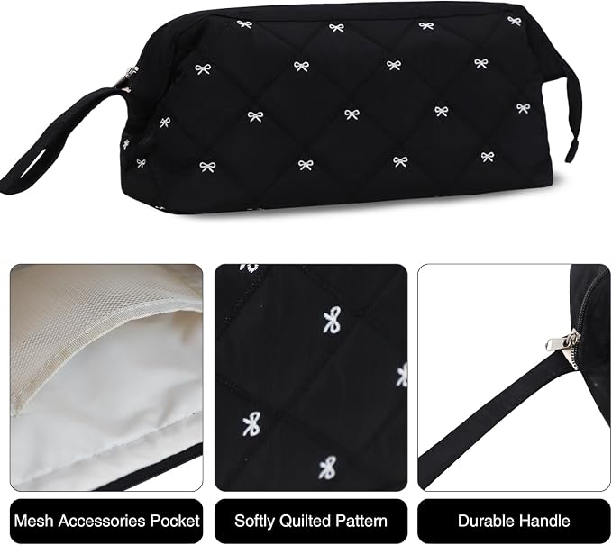 Stratalife Quilted Hair Tools Travel Bag with Polishing Cloth Compatible with Dyson Airwrap Shark Flex Style, Portable Toiletry Bag Hair Dryer Curling Iron Carrying Case Travel Essentials Black Bow