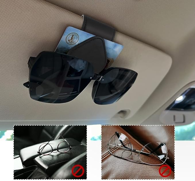 Magnetic Sunglass Holder for Car Visor, Sunglasses Visor Clip, Magnetic Leather Vehicle Glasses Ticket Card Clip, Automotive Eyeglass Hanger Organizer Accessories for Most Vehicles (Black)
