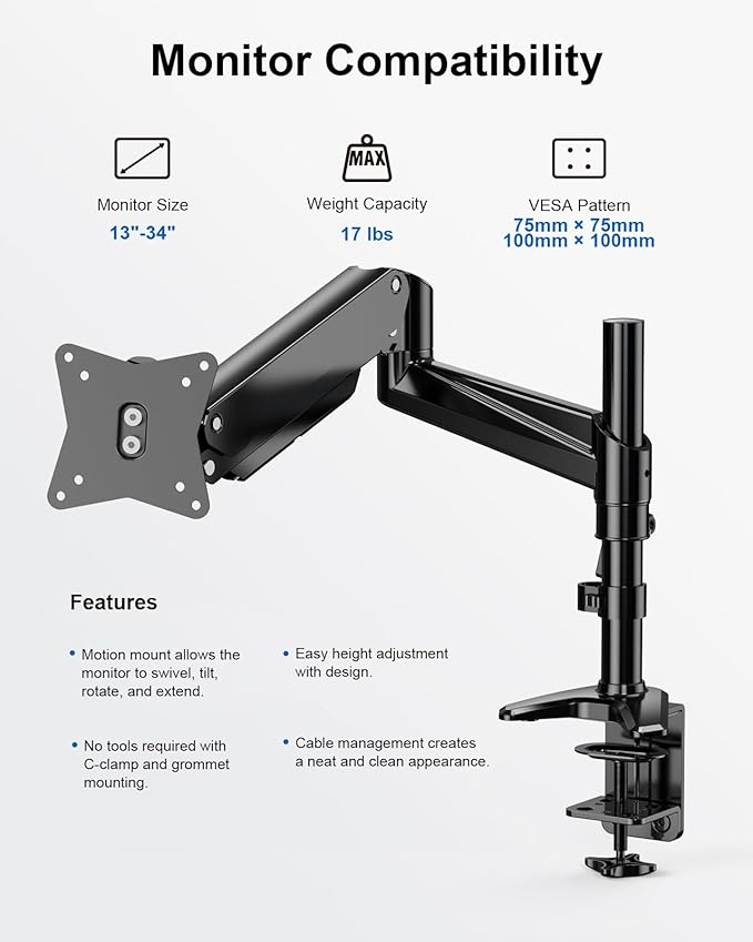 ERGOAV Single Monitor Desk Mount, Adjustable Monitor Stand Fits 13-34??Monitors up to 17 lbs, Tilt, Swivel, and Height Adjustment, Desk Clamp & Grommet Mount Included, VESA 75x75/100x100mm