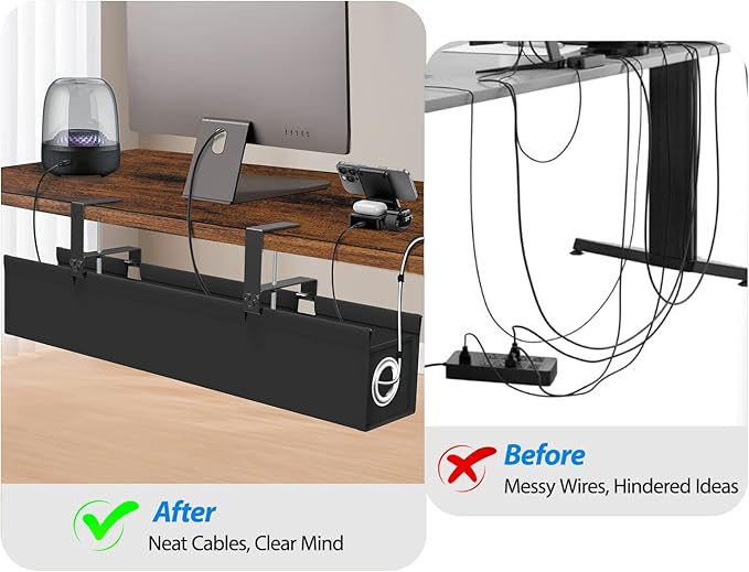 Large Under Desk Cable Management Tray No Drill, Suolaao 30" Cord Organizer with Oxford Fabric, Clamp Mount, Holds 30 lbs, Large Cable Rack for Gaming & Home Office Standing Desk