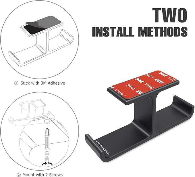 Dual Headphone Hanger Stand for Under Desk, Aluminum Adhesive Headset Hook Mount with Screw Option, Space-Saving PC Gaming Accessories for All Headphones, Black