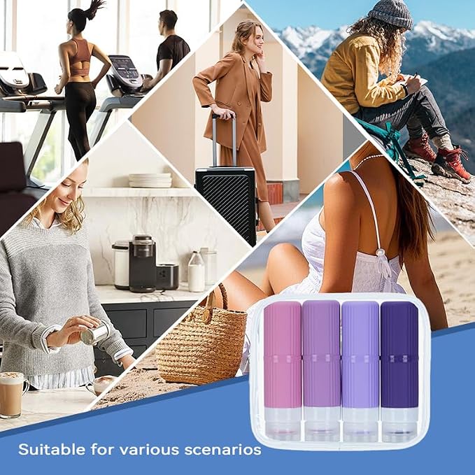 5 packs of toiletries travel bottles, TSA Approval silicone travel containers, leak proof refillable shampoo and conditioner are essential for travel, fitness, business trips, office use(purple)