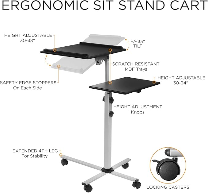 Mount-It! Projector Stand Mobile Projector Cart with Laptop Shelf on Wheels, Heavy Duty Two Shelves Height Adjustable Laptop and Projector Presentation Trolley in Black