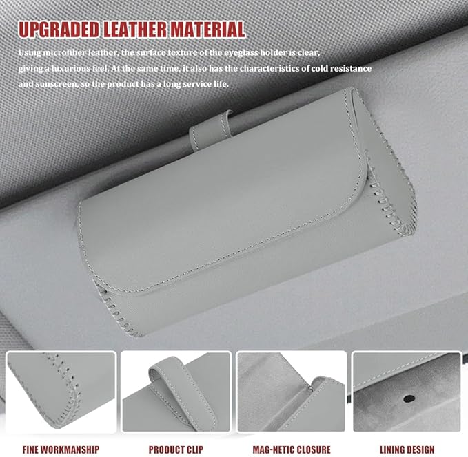 Sunglasses Holder for Car Sun Visor, Leather Auto Eyeglasses Storage Case with Hidden Magnetic Closure, Universal Protective Glasses Organizer Box, Visor Accessories for Woman Man (Gray)