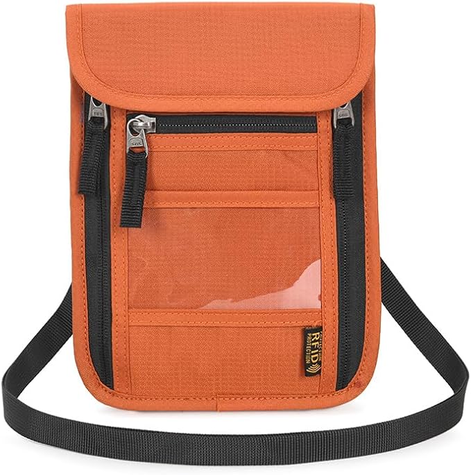 Passport Holder for Travel, Neck Pouch Travel Wallet With RFID Blocking, Waterproof Lightweight Passport Wallet for Women and Men (Orange)