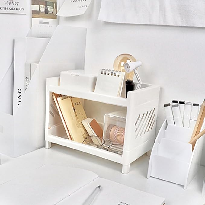 Pissente Desktop Storage Shelf, Plastic Double Layer Desktop Storage Rack Multifunctional Practical Desktop Organizer for Home Office Desk Living Room Bedroom Desk Storage, White