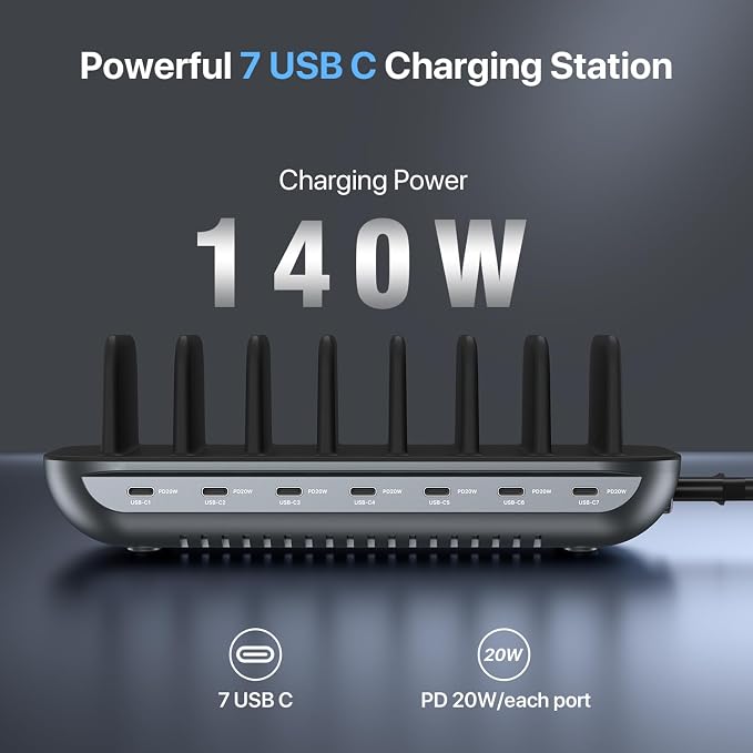 SooPii Premium 140W 7-Port USB C Charging Station for Multiple Devices, Each PD 20W Fast Charging for Phone and Tablet,7 Mixed Cables Included,Black