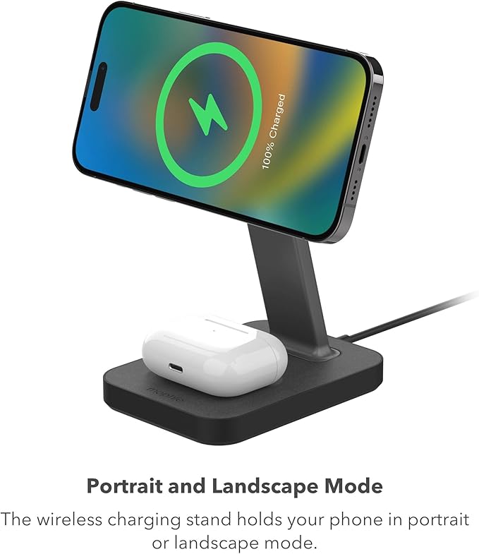 mophie Snap+ 2-in-1Charge Stand & Pad - 15w Wireless Charger Compatible with iPhones & AirPods, Includes Snap+ Adapter for Other Qi Enabled Phones, Steel Base, Adjustable Angles