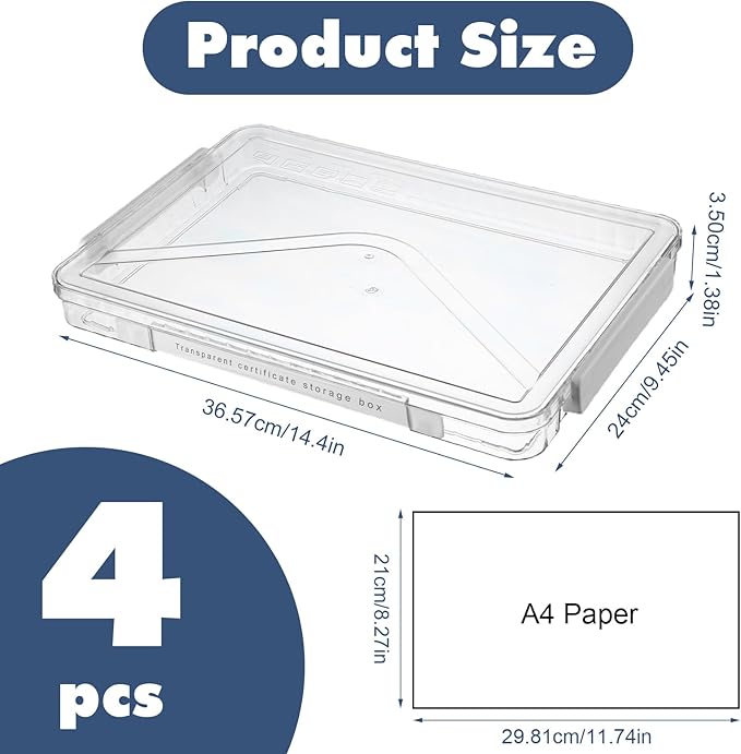 4 Pack Clear Plastic File Boxes with Handle, Modern Style, Stackable, Water Resistant, A4 Letter File, Document, Photo, Scrapbook Storage