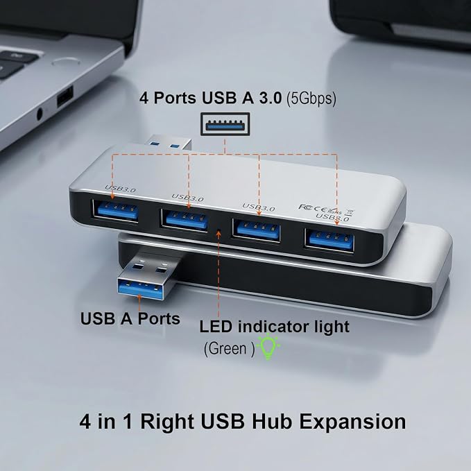 Right Side USB 3.0 Hub, 4-Port Cable-Free USB Splitter for Laptop, Direct-Plug Design, Compatible with MacBook, Laptops, Desktop, Surface, Flash Drive, HDD and USB More