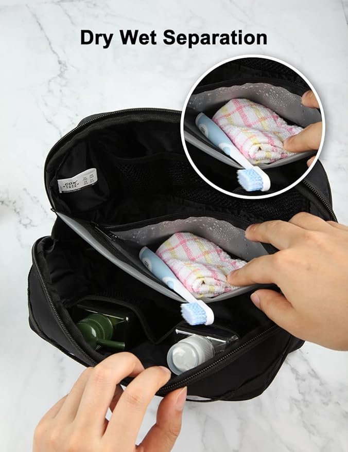GOX Mens Toiletry Bag, Dry Wet Separate Travel Bag, Dopp Kit Case For Travel, Small Hanging Cosmetics Organizer Pouch (Black)