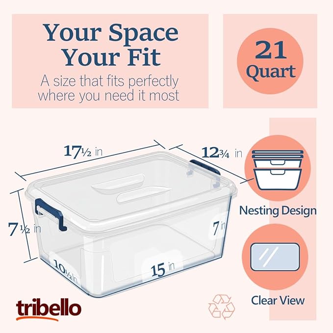 Tribello Plastic Storage Bins with Lids, Clear Stackable Storage Containers - 21 Qt