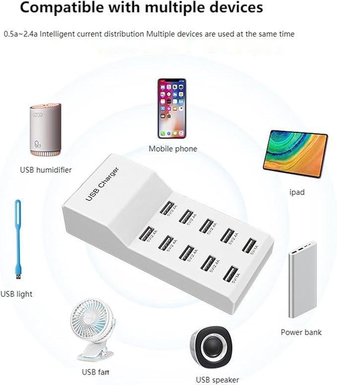 USB 10 Port Desktop Portable Charging Station, Suitable for Charging Multiple Devices simultaneously, Super Compatible with Mobile Phones, Tablets, Bluetooth Earphones, and Other USB Charging Devices