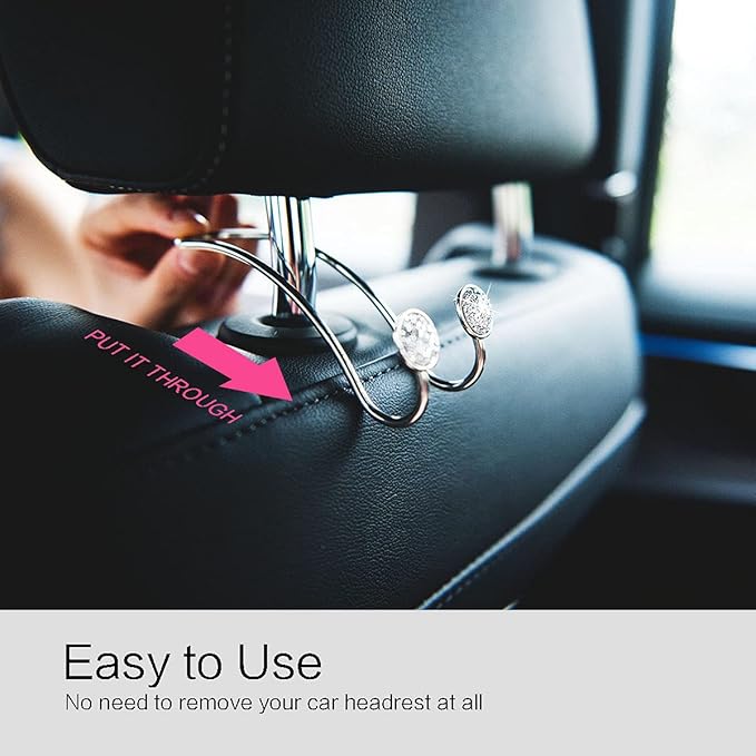4 Pack Bling Car Hooks - Universal Car Headrest Hooks, Stainless Steel Car Seat Hooks for Women Bags & Purses (Silvery)