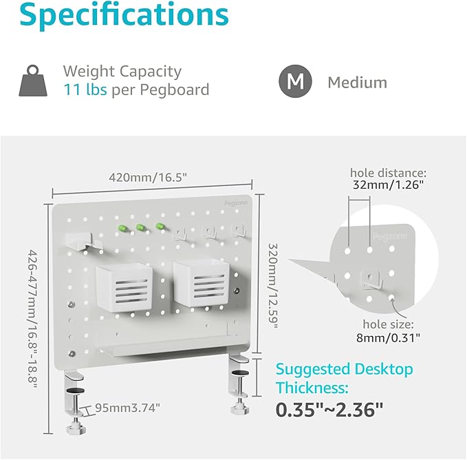 Clamp-on Desk Pegboard, Desk Organizer for Office Gaming Home, Magnetic Metal Peg Board with 10 Accessories, Privacy Panel for Office, 16.5" x 12.6", Medium, White