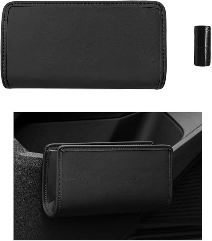 DXNQ Car Trash Can, Leather Foldable Hanging Trash Bag, Multi-Function Mini Storage Box Garbage Can for Car Back Seats and Side Door, Black