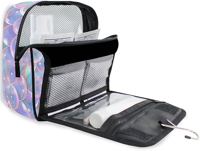 senya Hanging Travel Toiletry Bag Cute Kit Makeup Case Cosmetics Organizer for Men Women (Pale Pink Purple Blue Mermaid Scales)