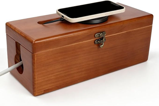 Cable Management Box with Latch, Soild Wood Cord Box with 4 Open Slots, Cable Box to Hide Cords and Power Strip