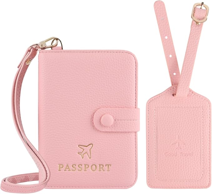 Passport Holder RFID Protected Wallet and Luggage Tag with Protection Cover Travel Accessories Leather Card Case Organizer for Women Men (Pink)