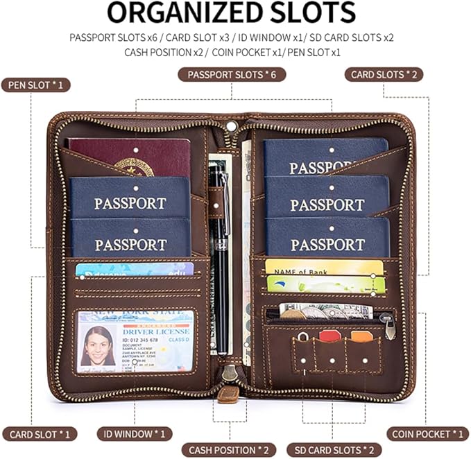Genuine Leather Passport Holder for Family of 6, RFID Blocking Travel Wallet with Zipper Large Capacity – Vintage Crazy Horse Leather, 6 Passport Slots, Card Holders & Wristlet (Coffee, Large)