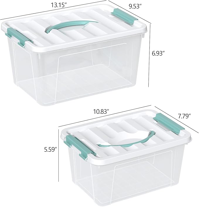 2-packs Latch Storage Boxes with Handle, 7 Quart & 14 Quart Clear plastic Container Tote