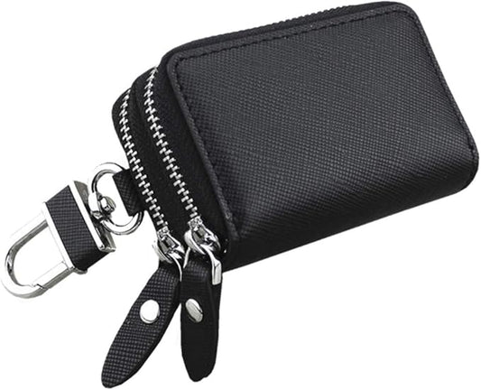Key Fob Case Genuine Leather, Double Zipper Car Key Holder & Key Wallet with Keychain, Key Pouch for Purse Gift