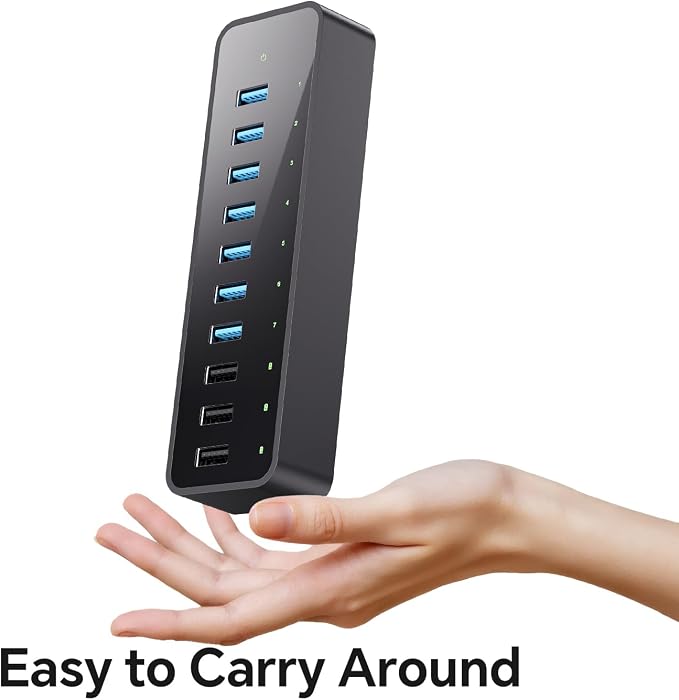 60W Powered USB 3.0 Hub 10-Port, 7 USB 3.0 Data Ports (5Gbps) + 3 Smart Charging Ports (BC1.2 2.4A), 60W Power Adapter Desktop USB Splitter for Laptop, PC, Mac, Mobile, HDD