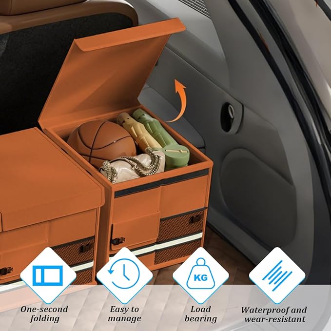 Car Trunk Organizer, Collapsible Multi Compartment Waterproof Sturdy Vehicle Trunk Container Box, Sturdy Automotive Interior Storage Organization, Universal for SUV Caravan Truck (Orange)