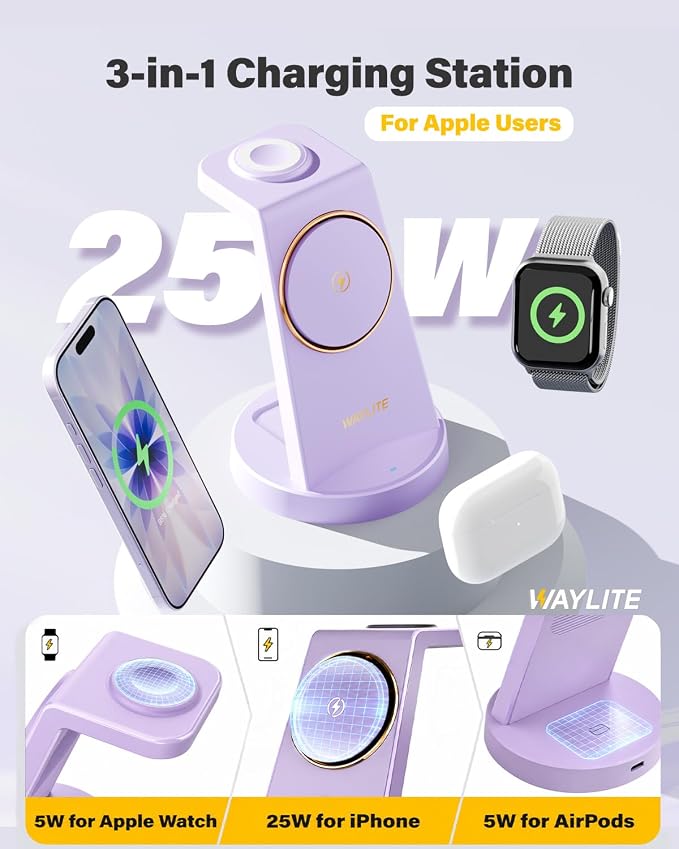 3 in 1 Fast Charging Station for iPhone, 25W Wireless Magnetic Phone Charger for iPhone 17 16e 16 15 14 13 12 Serise, Watch Charger Stand, Wireless Charging Station for AirPods 4 3 Pro, Purple
