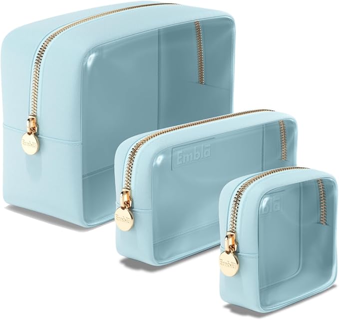 Embla 3 Piece Clear Makeup Bag Set for Toiletries Large Medium Small Skincare Organizer Zipper Pouches Travel Toiletry Bathroom Bags Women Girls Cute Make Up Cosmetic Nylon Pouch Blue