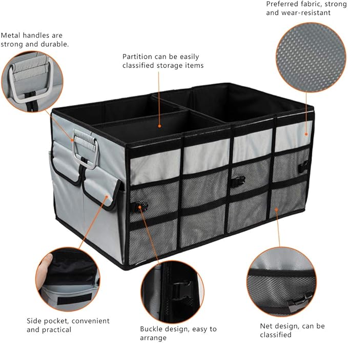 Car Trunk Organizer Collapsible Portable Multi Compartments Organizer with Non Slip Straps for SUV Truck Auto Vehicle Car Auto Minivan (Large without cover, Space gray)