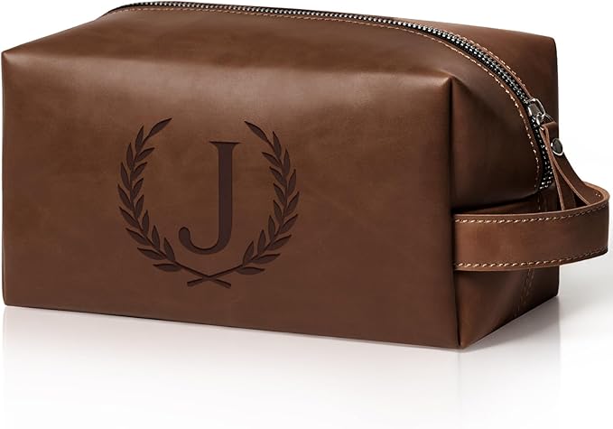 Personalized Valentines Fathers Day Birthday Gifts Laser-Engraved Initial Travel Toiletry Bag for Men Him, Waterproof PU Leather Shaving Bag Groomsmen Gifts Travel Essentials, Reddish Brown J