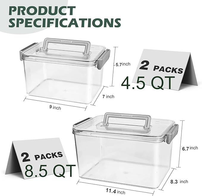 Plastic Storage Containers And Organization Bins Box Stackable with Lid and Secure Latching Buckles, Clear Clip Box For Kitchen or Pantry Storage Cabinet 4 PACK