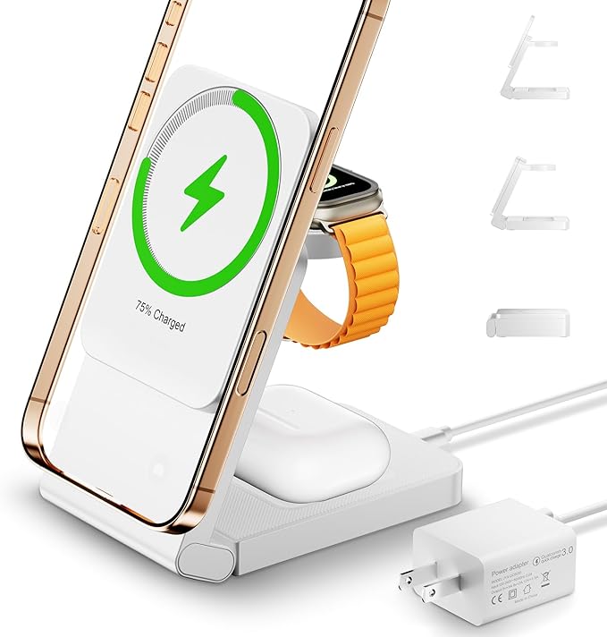3 in 1 Wireless Charger Station for Multiple Devices, Foldable Magnetic Charging Stand, Portable Fast Travel Charger for iPhone 17/16/15/14/13/12 Pro Max/AirPods 2/3/4/Pro iWatch Ultra Series