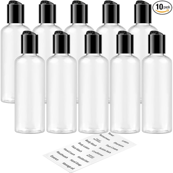 TUZAZO 10 Pack 3.4 oz Clear Travel Bottles for Toiletries TSA Approved Leakproof Travel Size Containers Empty Small Plastic Shampoo Lotion Bottles with Labels