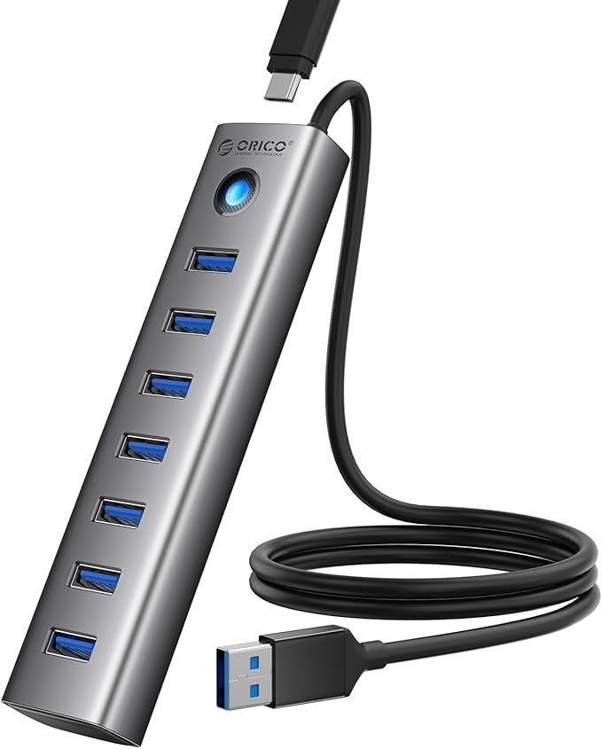 ORICO 7-Port USB 3.0 Hub, Aluminum USB Multiple Adapter, 5Gbps USB Extender USB Splitter with 3.28Ft Cable, UBS-A Hub Long Cable for Desktop, PC, Flash Drive, Mobile HDD, Windows/XPS