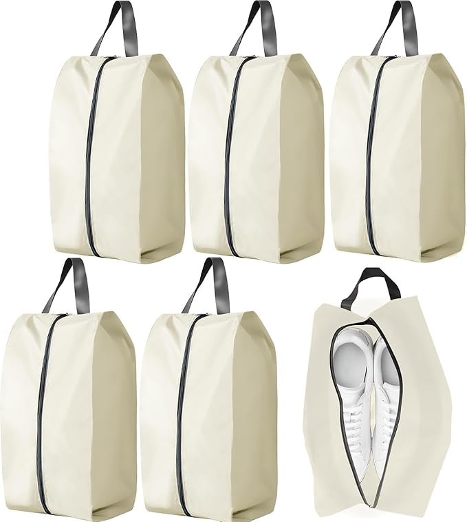 5Pcs Large Travel Shoe Bags Portable Travel Gifts Shoe Organizer with Zipper Closure, Waterproof Nylon Shoe Storage Organizer with Handle Travel Bags For Men and Women, Beige