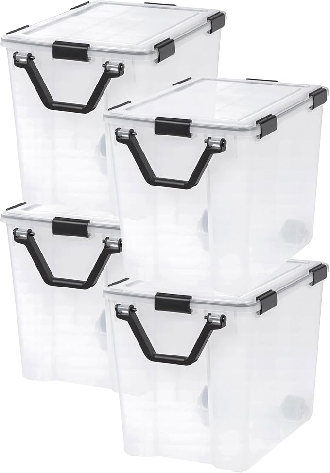 IRIS USA WeatherPro 103 Qt Storage Bins with Lids, 4 Pack, BPA-Free Plastic Gasket Box with Tight Latch and Seal, Stackable Nestable Tote Tub - Clear/Black