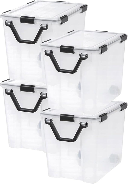 IRIS USA WeatherPro 103 Qt Storage Bins with Lids, 4 Pack, BPA-Free Plastic Gasket Box with Tight Latch and Seal, Stackable Nestable Tote Tub - Clear/Black