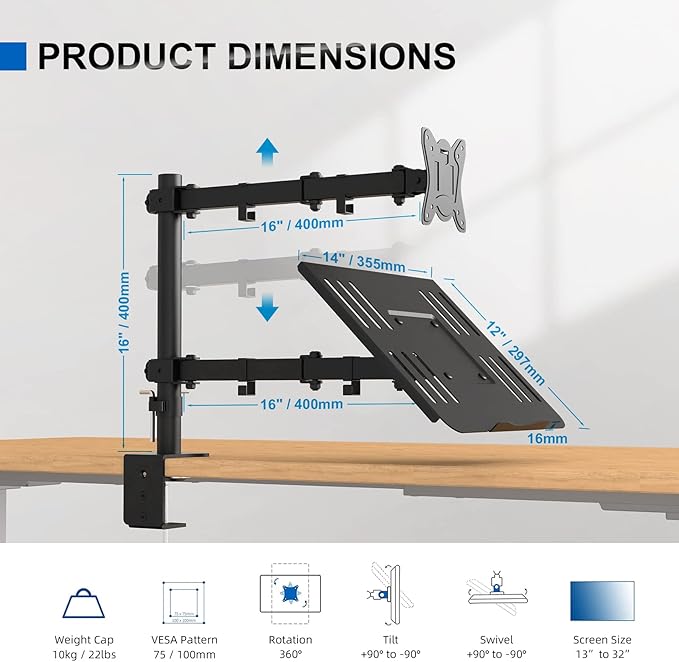 GRIFEMA Monitor Arm with Laptop Tray for 13-32" Screen, Laptop Monitor Stand with Desk Clamp, Height Adjustable Laptop Arm, Tilt Rotation Swivel, VESA: 75x75 & 100x100mm GB2002-2