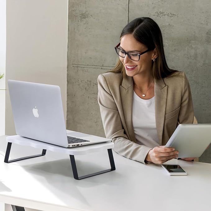 Monitor Stand Riser, Wooden Computer Stand for Desk, Wood and Steel Multi-Purpose Desktop Storage Laptop Riser Desk Shelf for Computer, Laptop, PC, Printer, 21.65 x 9.45 x 3.94 Inch Length (White/2 Pcs)