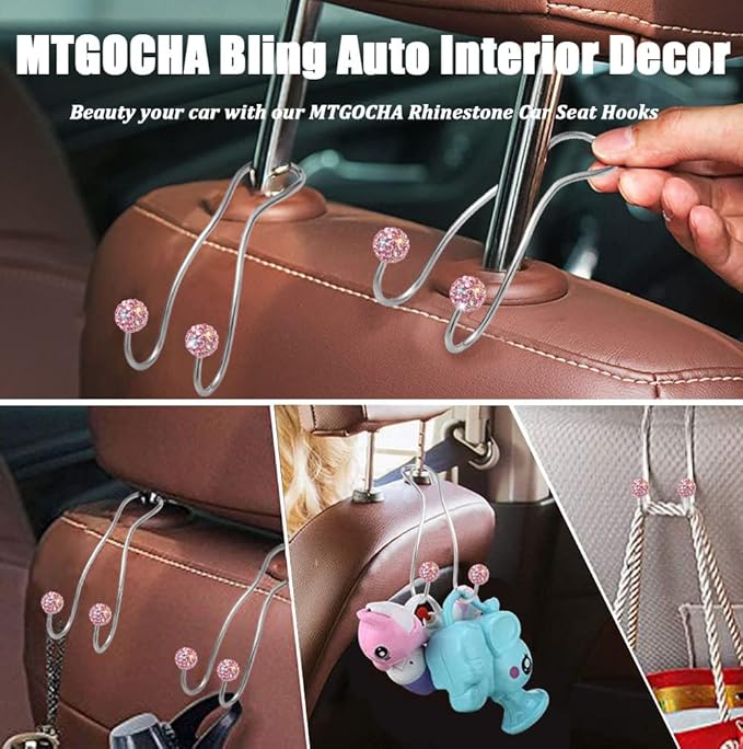 MTGOCHA Bling Purse Hook for Car Headrest, Upgraded Cute Car Seat Hooks for Bag Handbag, Durable Stainless Auto Purse Hanger Holder 2 Pack, Pink
