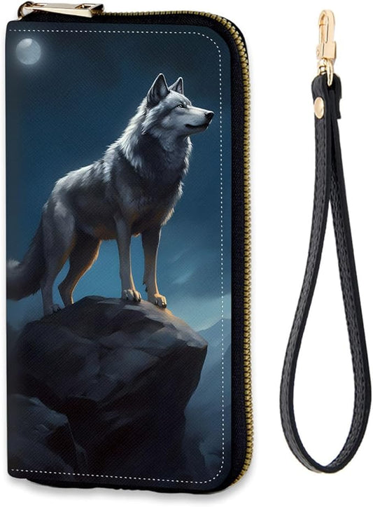 Women's RFID Blocking Zip Around Wallet with Detachable Wrist Strap, Large Capacity Credit Card Holder Organizer for Everyday Use,Wolf Moon Night
