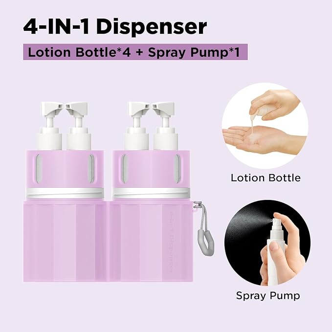 4 in 1 Travel Dispenser Bottle, TSA Approved Refillable Shampoo and Conditioner Bottles Set with Suction Cup for Smooth Walls, Travel Size Toiletries Container for Body Wash/Lotion.(Pink)