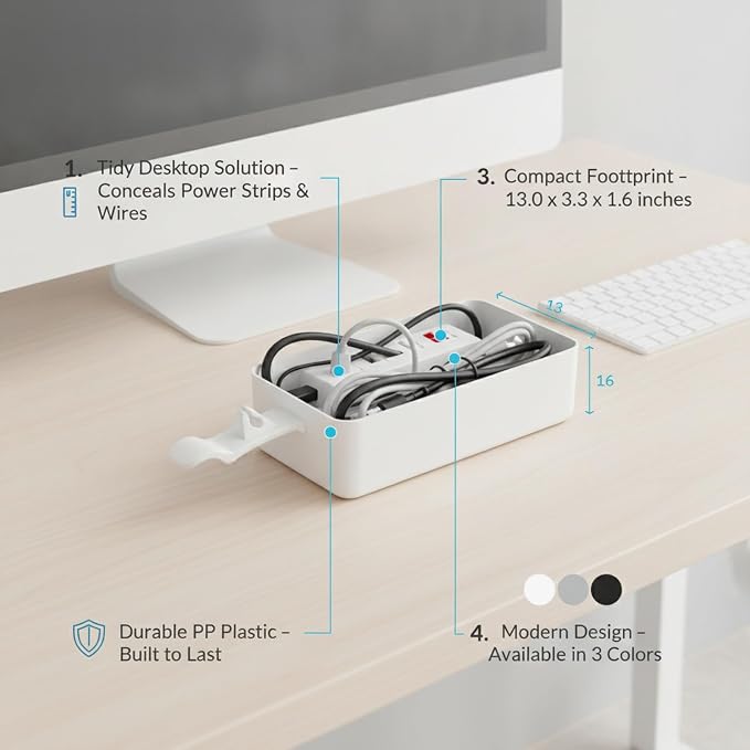 Desktop Cable Management Box, Cord Organizer for Cables & Wires, Durable PP Plastic Storage for Home Office (1 Pack)