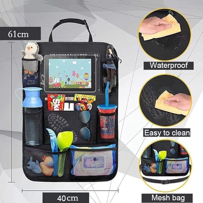 2 Pack Car Seat Organiser, Car Tidy Organiser Back Seat, Water Proof Oxford BackSeat Protector with 10" Ipad Tablet Holder, 9 Pockets for Books, Bottles, Black