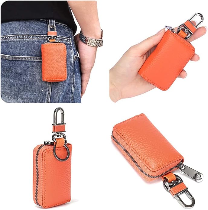 Leather Key Case Holder Auto Key Chain Protector Cover Zipper Bag Remote Fob for Car