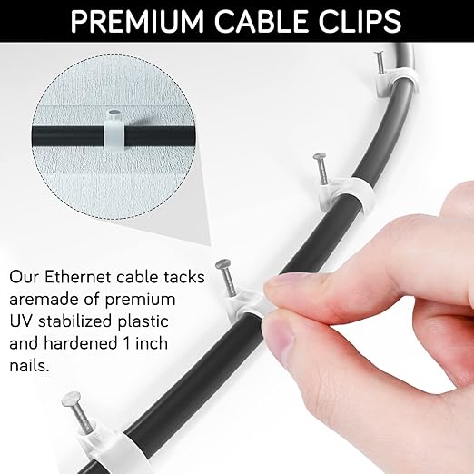 CableGeeker Cable Clips 100 Pieces Cat8 Cat7 Cat6 Ethernet Cable Clips with Nails 7mm Cord Holder for Circle Ethernet Cable (White)